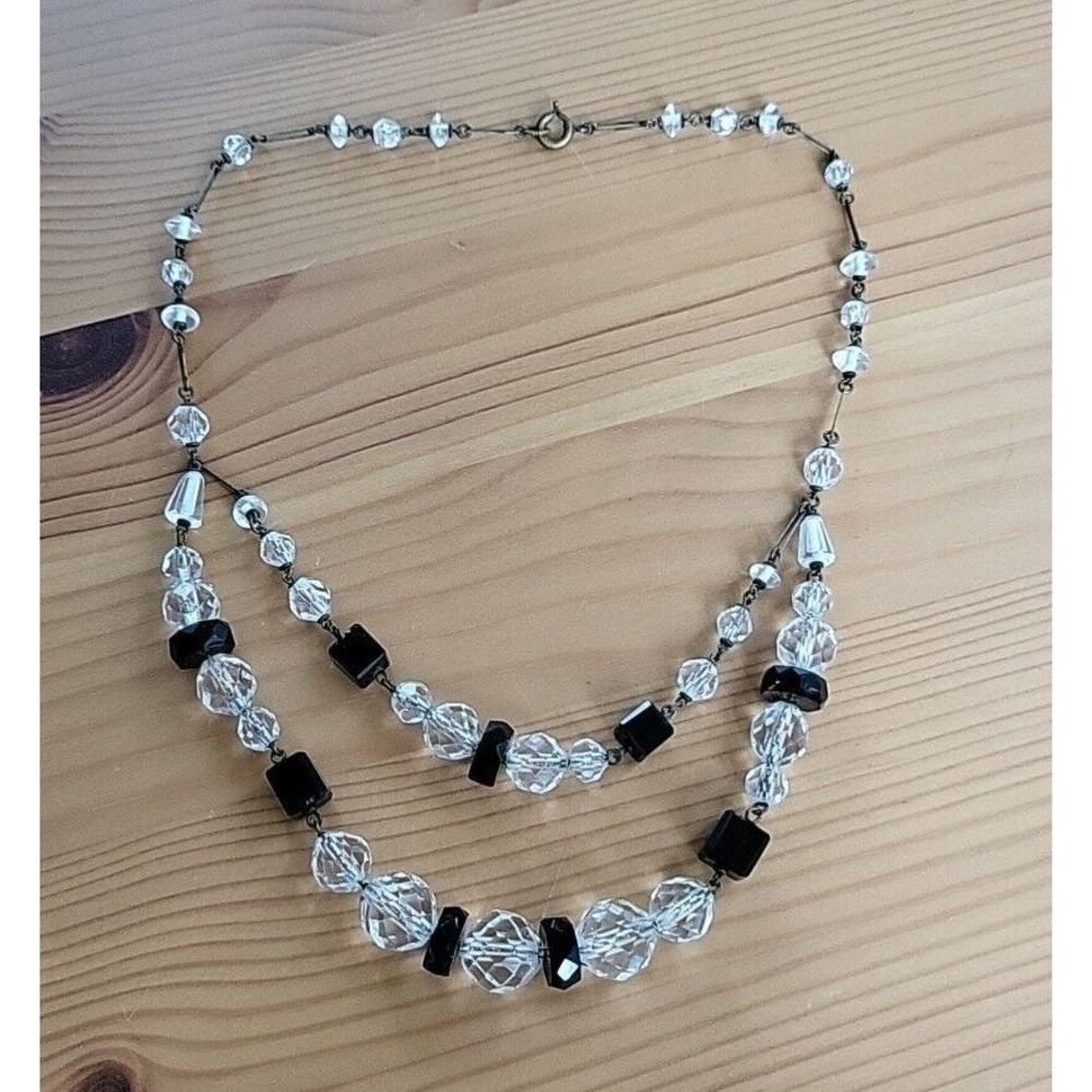 Vintage ART DECO 1920s CZECH Cut Crystal Black Glass Bead Double Strand Necklace